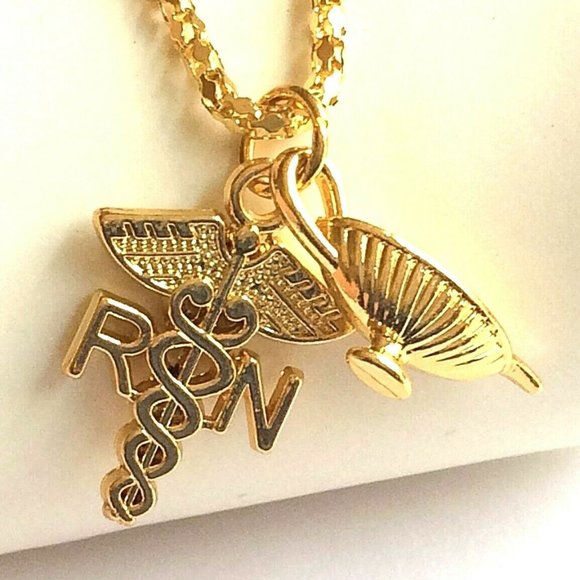 Florence Nightingale Lamp Nursing Caduceus Necklace Graduation Gift RN Gold Tone - Picture 3 of 10